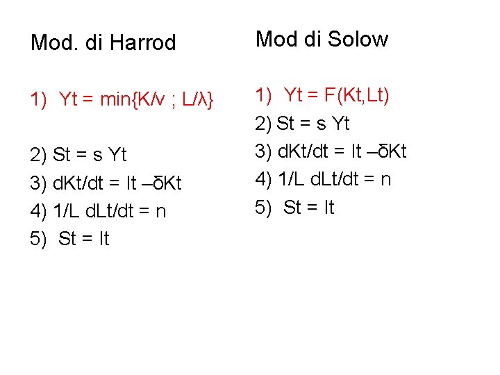 Mod. di Harrod Mod di Solow 1) Yt = min{K/v ; L/λ} 1) Yt