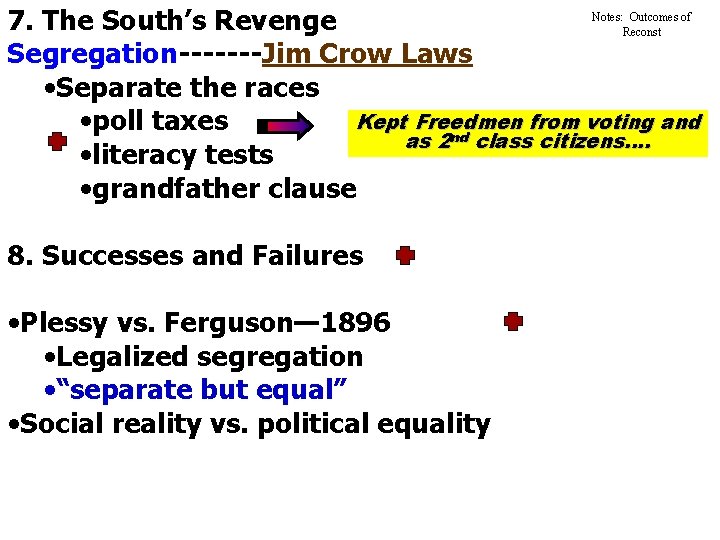 Notes: Outcomes of 7. The South’s Revenge Reconst Segregation-------Jim Crow Laws • Separate the