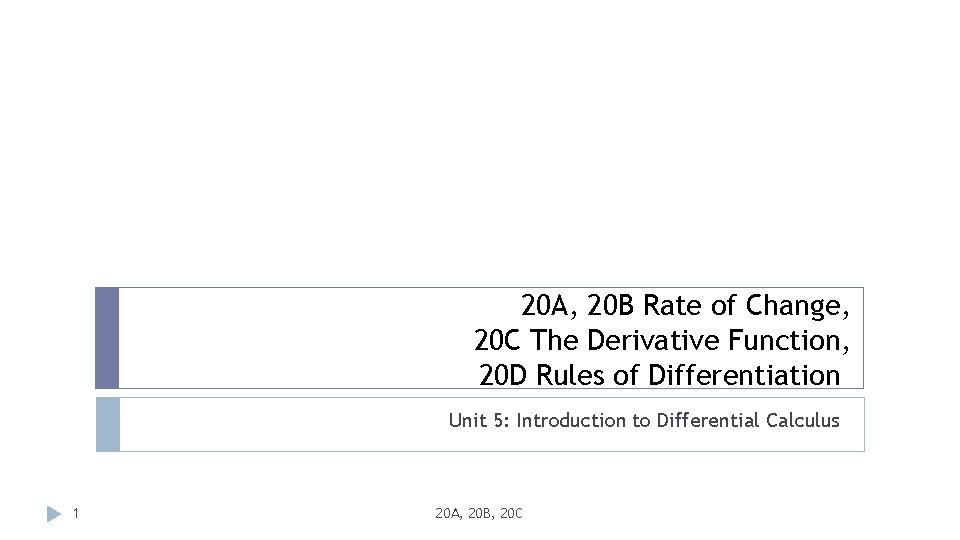 20 A, 20 B Rate of Change, 20 C The Derivative Function, 20 D