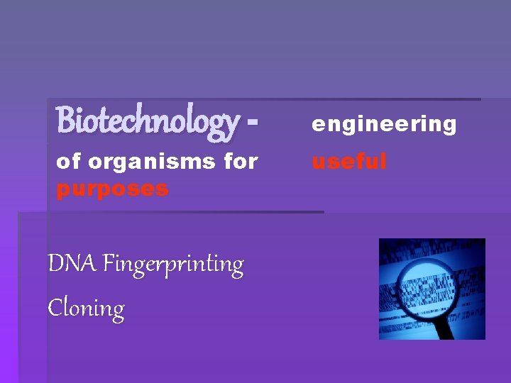 Biotechnology of organisms for purposes DNA Fingerprinting Cloning engineering useful 