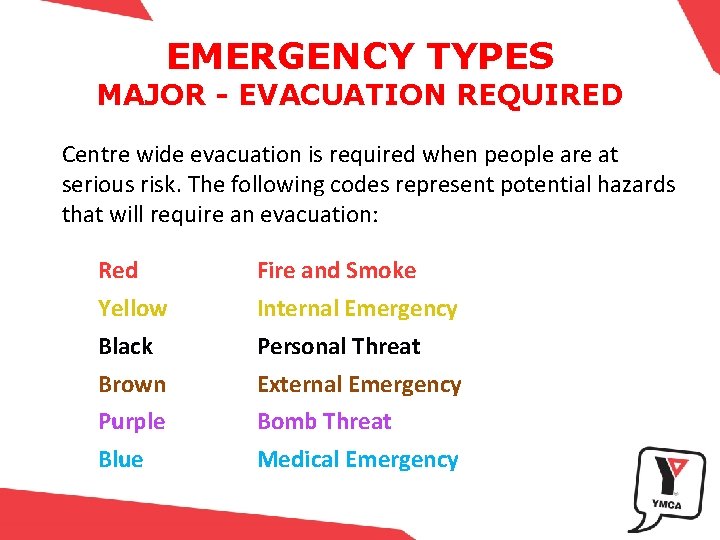 EMERGENCY TYPES MAJOR - EVACUATION REQUIRED Centre wide evacuation is required when people are