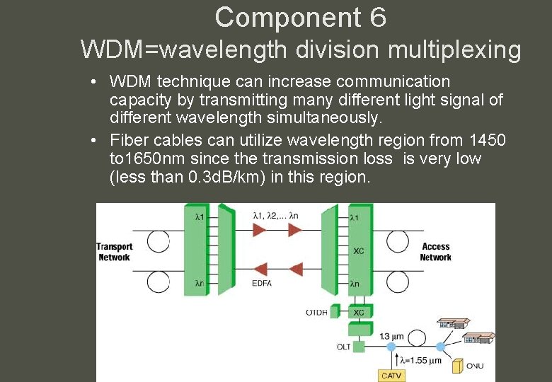 Component ６ WDM=wavelength division multiplexing • WDM technique can increase communication capacity by transmitting