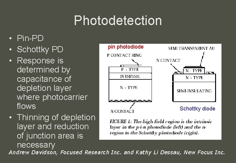 Photodetection • Pin-PD • Schottky PD • Response is determined by capacitance of depletion