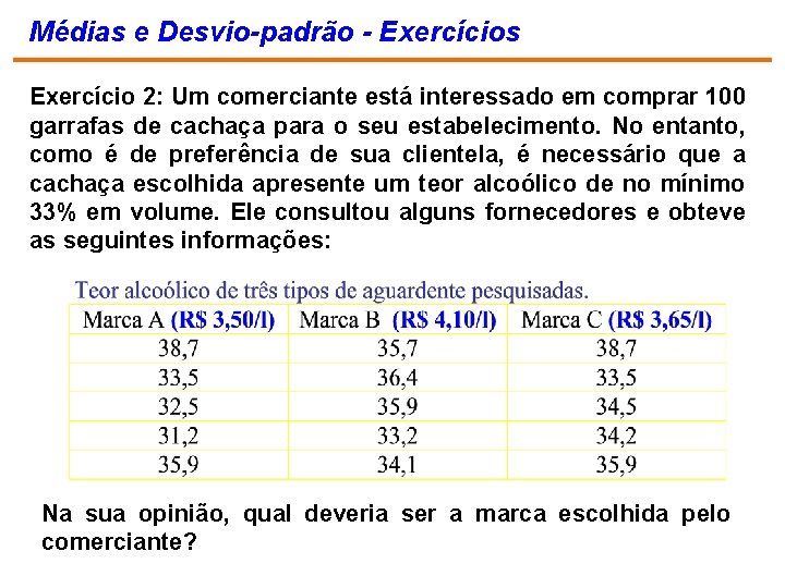 Médias e Desvio-padrão - Exercícios Exercício 2: Um comerciante está interessado em comprar 100