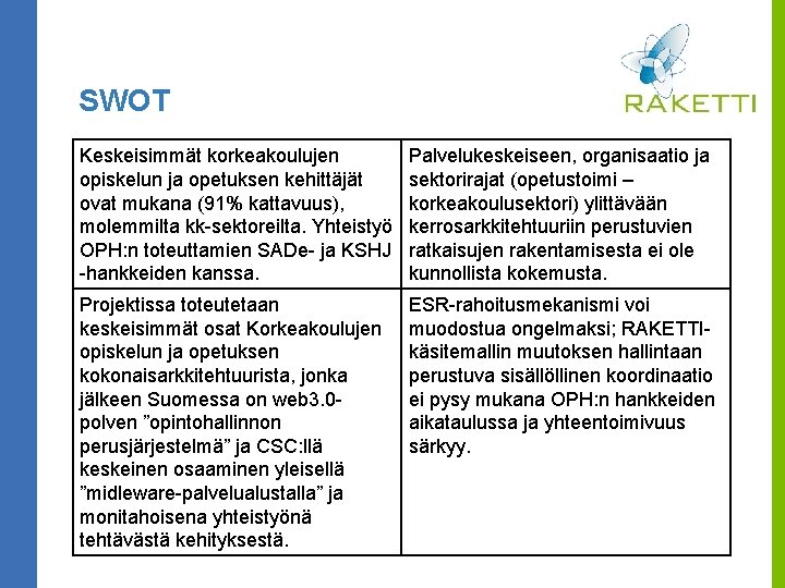 SWOT Keskeisimmät korkeakoulujen opiskelun ja opetuksen kehittäjät ovat mukana (91% kattavuus), molemmilta kk-sektoreilta. Yhteistyö