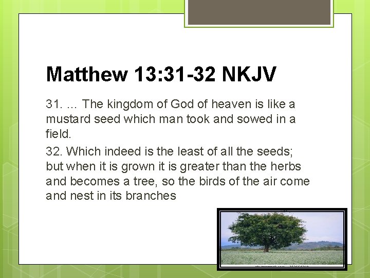 Matthew 13: 31 -32 NKJV 31. … The kingdom of God of heaven is