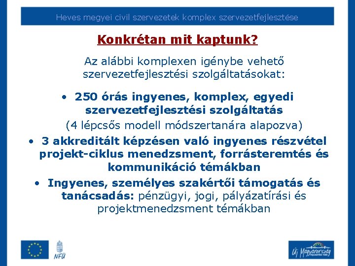 Heves megyei civil szervezetek komplex szervezetfejlesztése Konkrétan mit kaptunk? Az alábbi komplexen igénybe vehető