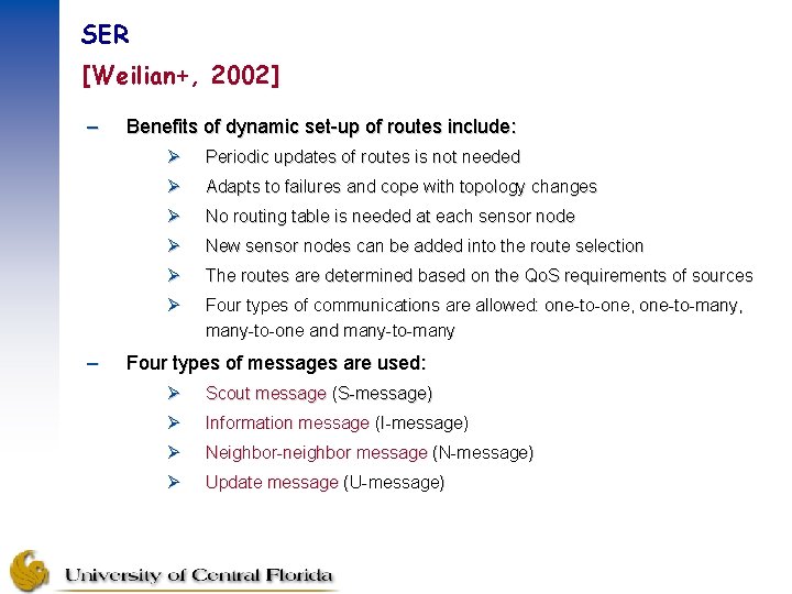 SER [Weilian+, 2002] – – Benefits of dynamic set-up of routes include: Ø Periodic