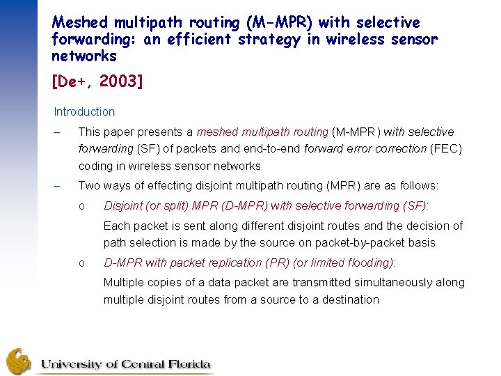 Meshed multipath routing (M-MPR) with selective forwarding: an efficient strategy in wireless sensor networks