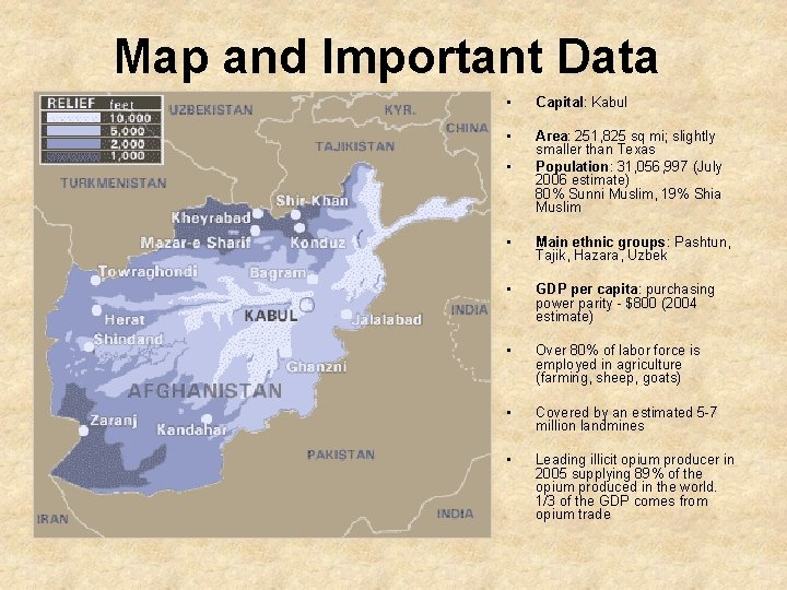 Map and Important Data • Capital: Kabul • • Area: 251, 825 sq mi;