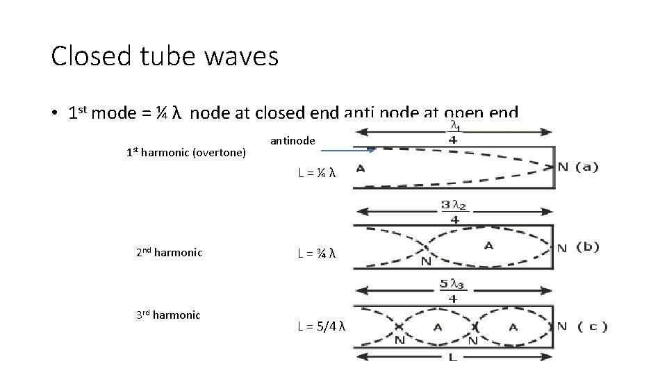 Closed tube waves • 1 st mode = ¼ λ node at closed end