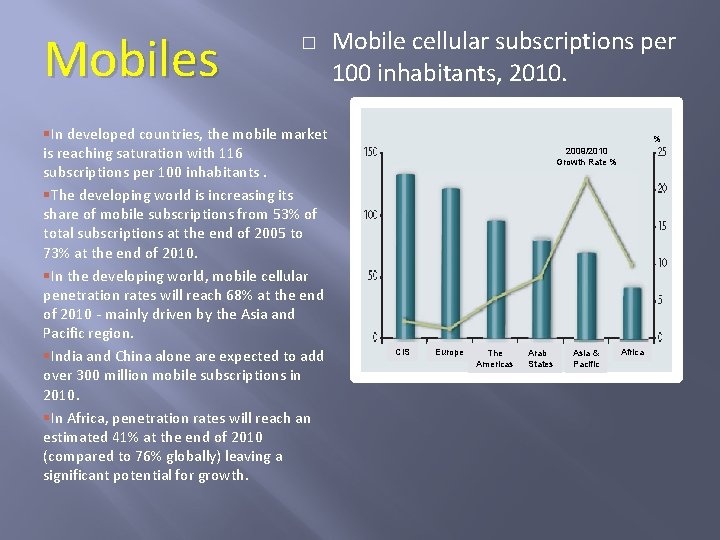 Mobiles � §In developed countries, the mobile market is reaching saturation with 116 subscriptions