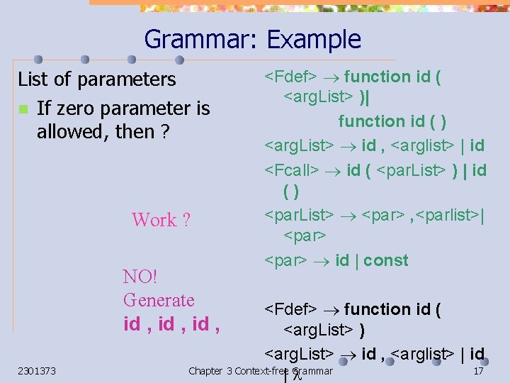 Grammar: Example List of parameters n If zero parameter is allowed, then ? Work