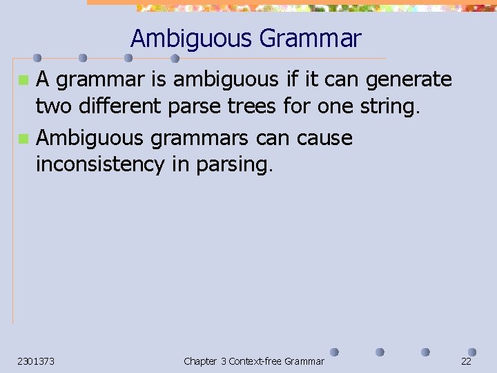 Ambiguous Grammar A grammar is ambiguous if it can generate two different parse trees