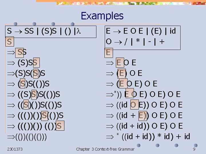 Examples S SS | (S)S | () | S SS (S)SS (S)S(())S ((S)())S(())S ((())())