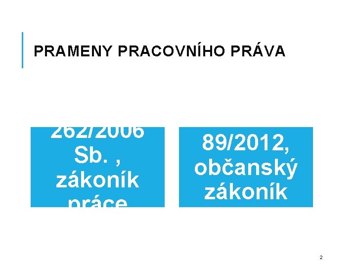 PRAMENY PRACOVNÍHO PRÁVA 262/2006 Sb. , zákoník práce 89/2012, občanský zákoník 2 