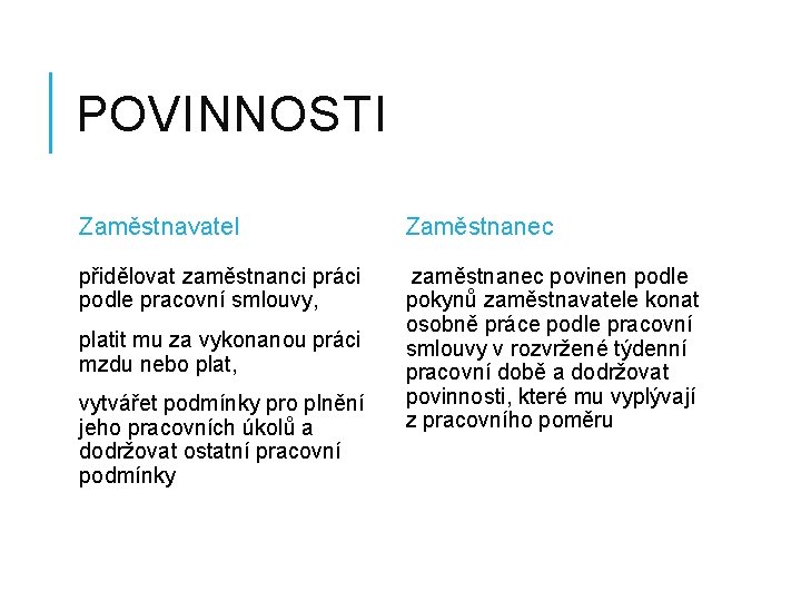 POVINNOSTI Zaměstnavatel Zaměstnanec přidělovat zaměstnanci práci podle pracovní smlouvy, zaměstnanec povinen podle pokynů zaměstnavatele