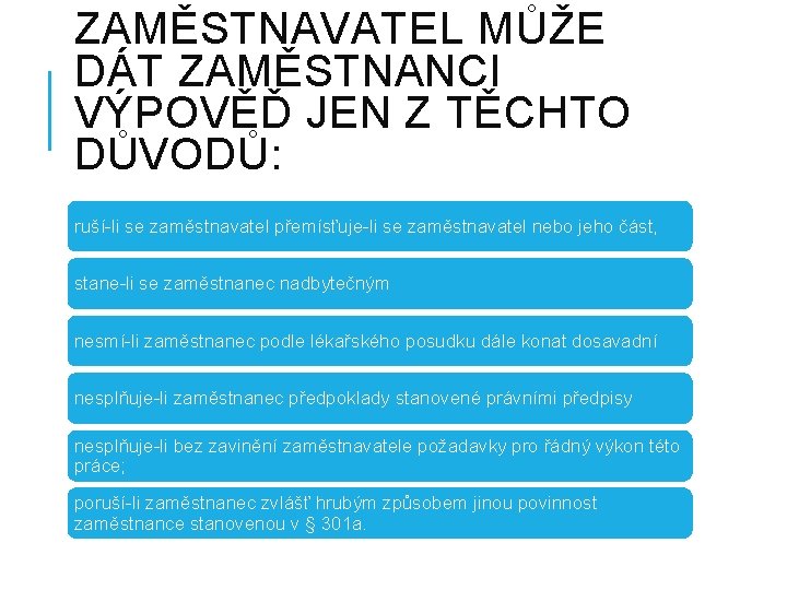 ZAMĚSTNAVATEL MŮŽE DÁT ZAMĚSTNANCI VÝPOVĚĎ JEN Z TĚCHTO DŮVODŮ: ruší-li se zaměstnavatel přemísťuje-li se