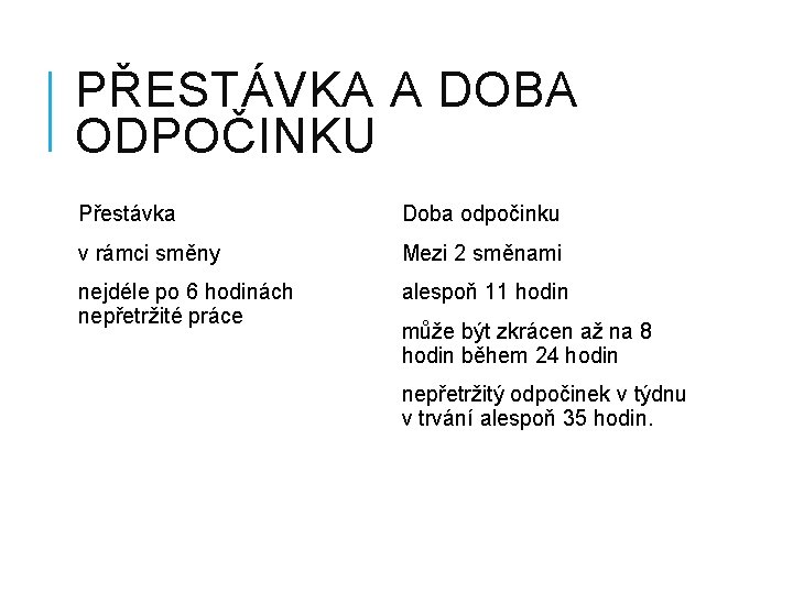 PŘESTÁVKA A DOBA ODPOČINKU Přestávka Doba odpočinku v rámci směny Mezi 2 směnami nejdéle