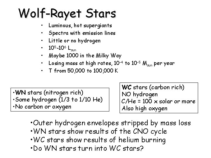 Wolf-Rayet Stars • • Luminous, hot supergiants Spectra with emission lines Little or no