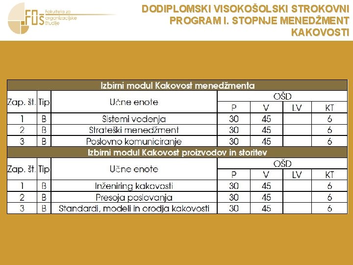 DODIPLOMSKI VISOKOŠOLSKI STROKOVNI PROGRAM I. STOPNJE MENEDŽMENT KAKOVOSTI 