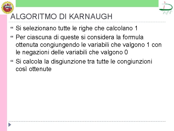 ALGORITMO DI KARNAUGH Si selezionano tutte le righe calcolano 1 Per ciascuna di queste