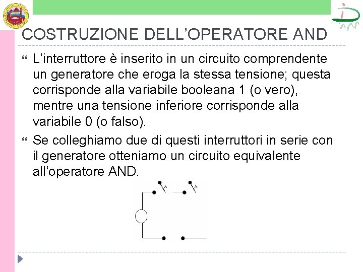 COSTRUZIONE DELL’OPERATORE AND L’interruttore è inserito in un circuito comprendente un generatore che eroga