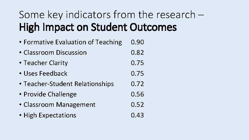 Some key indicators from the research – High Impact on Student Outcomes • Formative