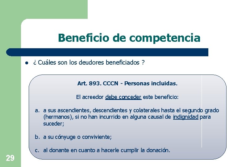 Beneficio de competencia l ¿ Cuáles son los deudores beneficiados ? Art. 893. CCCN