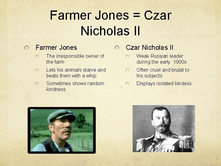 Farmer Jones = Czar Nicholas II Farmer Jones Czar Nicholas II The irresponsible owner
