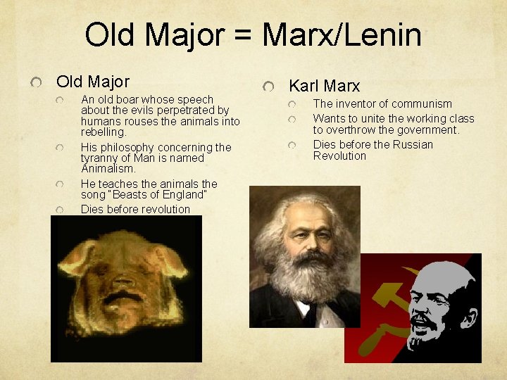 Old Major = Marx/Lenin Old Major An old boar whose speech about the evils
