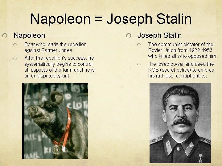 Napoleon = Joseph Stalin Napoleon Boar who leads the rebellion against Farmer Jones After