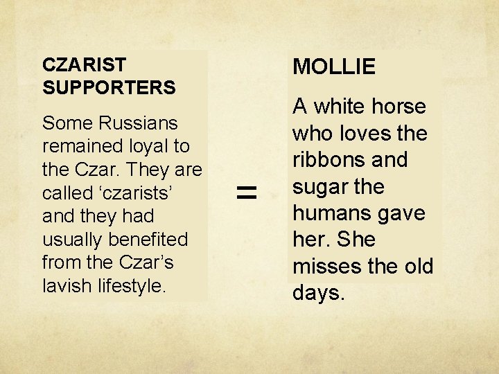 CZARIST SUPPORTERS Some Russians remained loyal to the Czar. They are called ‘czarists’ and