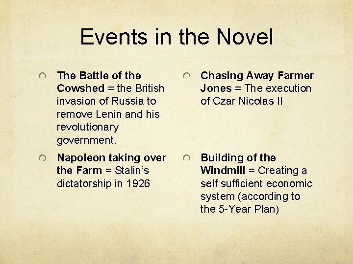 Events in the Novel The Battle of the Cowshed = the British invasion of