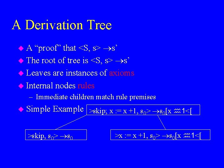 A Derivation Tree “proof” that <S, s> s’ u The root of tree is