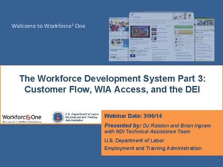 Welcome to Workforce 3 One The Workforce Development System Part 3: Customer Flow, WIA