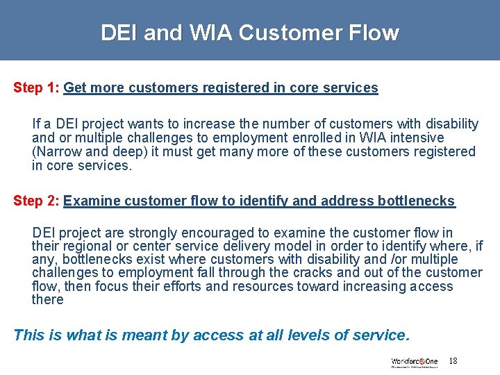 DEI and WIA Customer Flow Step 1: Get more customers registered in core services