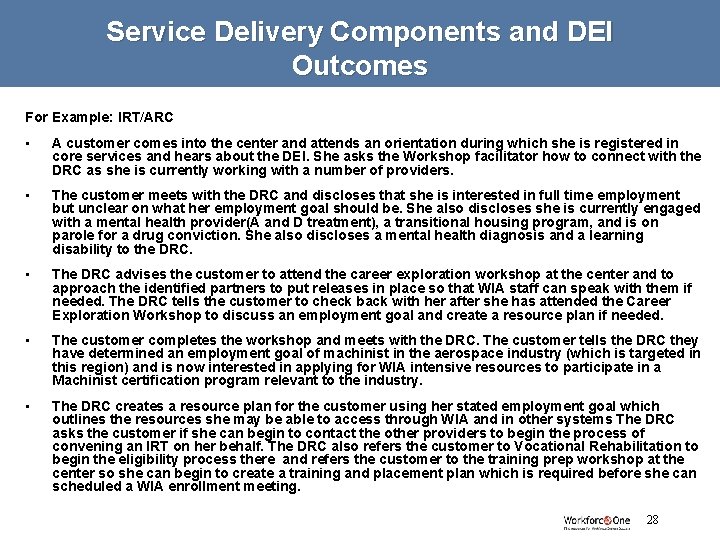 Service Delivery Components and DEI Outcomes For Example: IRT/ARC • A customer comes into