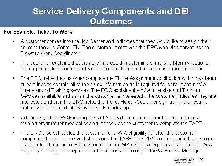 Service Delivery Components and DEI Outcomes For Example: Ticket To Work • A customer