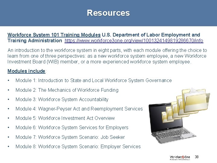 Resources Workforce System 101 Training Modules U. S. Department of Labor Employment and Training