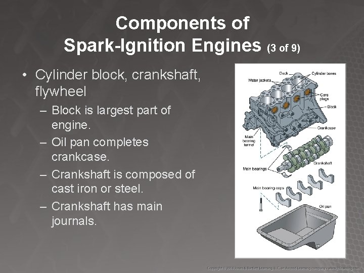 Components of Spark-Ignition Engines (3 of 9) • Cylinder block, crankshaft, flywheel – Block