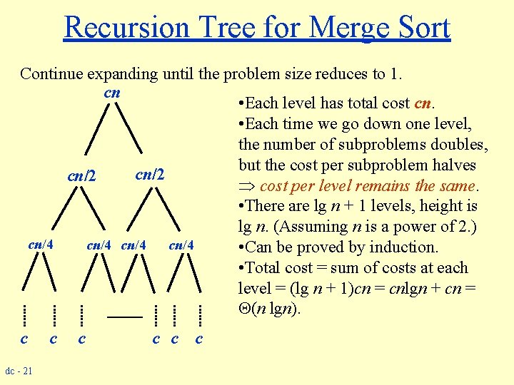 Recursion Tree for Merge Sort Continue expanding until the problem size reduces to 1.