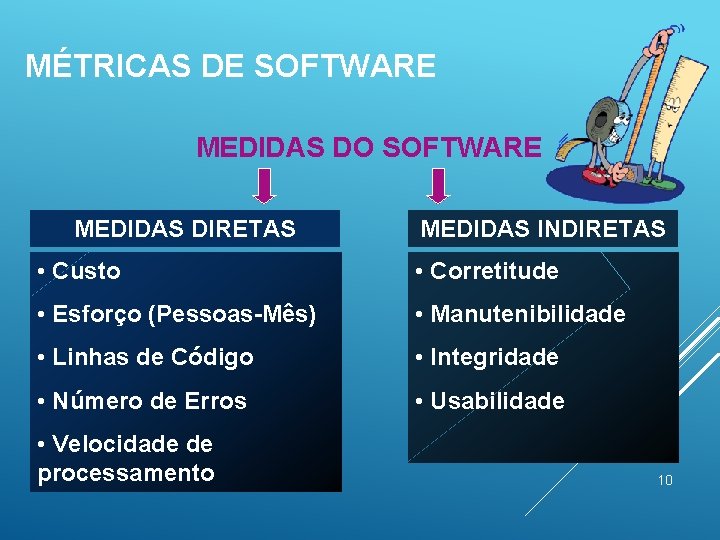 MÉTRICAS DE SOFTWARE MEDIDAS DO SOFTWARE MEDIDAS DIRETAS MEDIDAS INDIRETAS • Custo • Corretitude