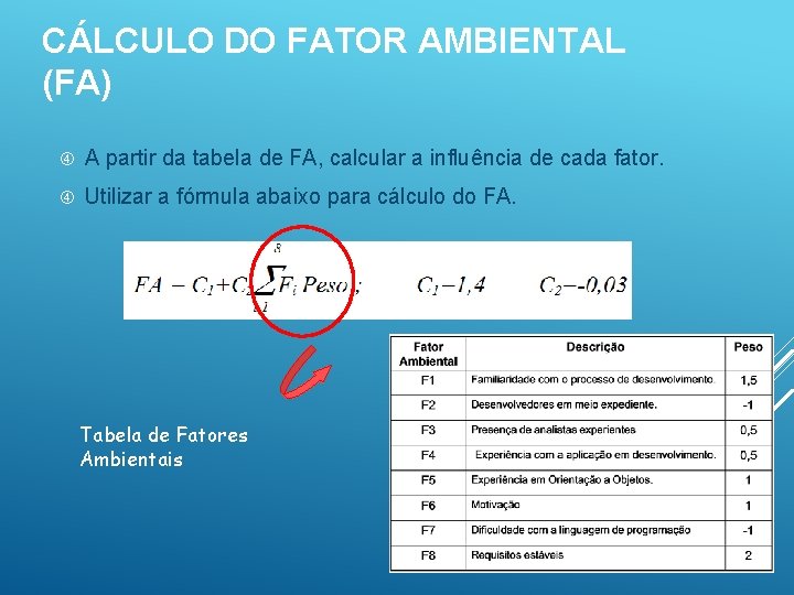 CÁLCULO DO FATOR AMBIENTAL (FA) A partir da tabela de FA, calcular a influência