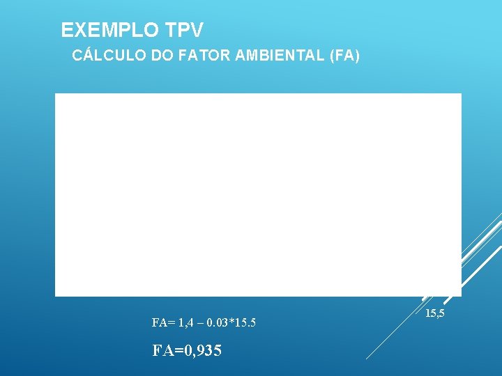 EXEMPLO TPV CÁLCULO DO FATOR AMBIENTAL (FA) FA= 1, 4 – 0. 03*15. 5