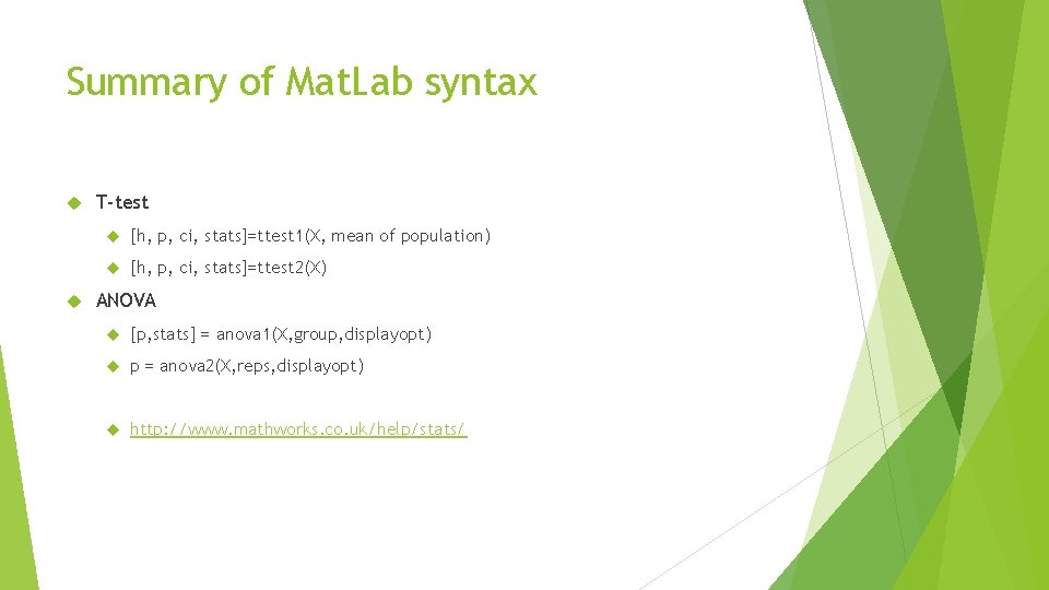 Summary of Mat. Lab syntax T-test [h, p, ci, stats]=ttest 1(X, mean of population)