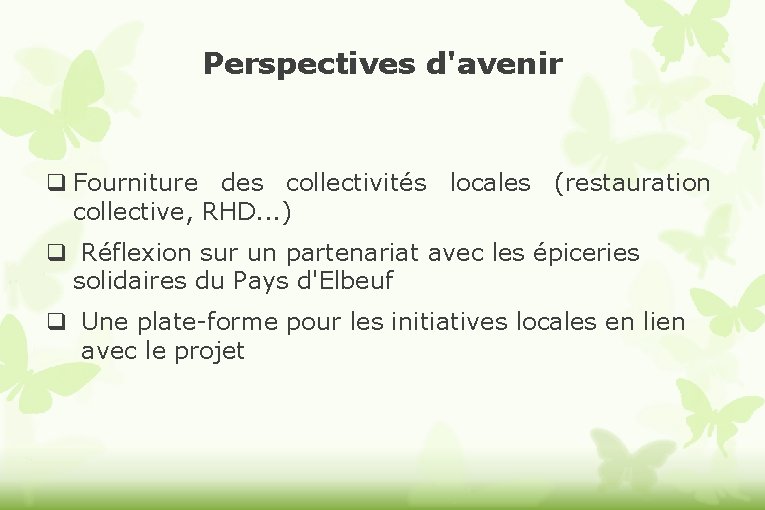 Perspectives d'avenir Fourniture des collectivités locales (restauration collective, RHD. . . ) Réflexion sur