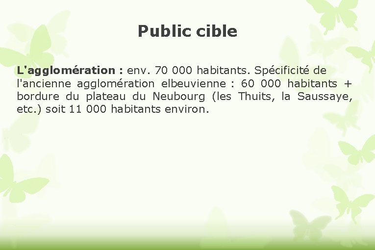 Public cible L'agglomération : env. 70 000 habitants. Spécificité de l'ancienne agglomération elbeuvienne :