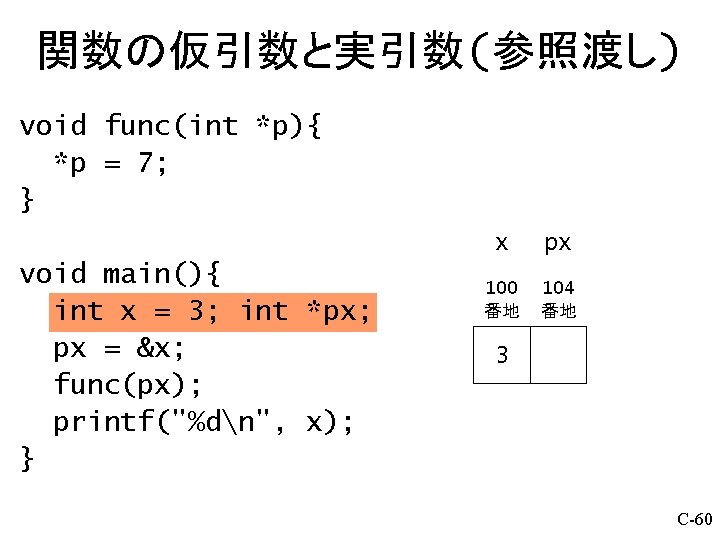 関数の仮引数と実引数(参照渡し) void func(int *p){ *p = 7; } void main(){ int x = 3;