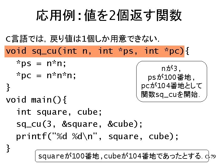 応用例: 値を 2個返す関数 C言語では，戻り値は 1個しか用意できない． void sq_cu(int n, int *ps, int *pc){ *ps =